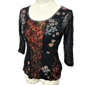 Edista Vintage Y2K Lace Black Cotton  Blouse Tee Shirt Top Sz Med